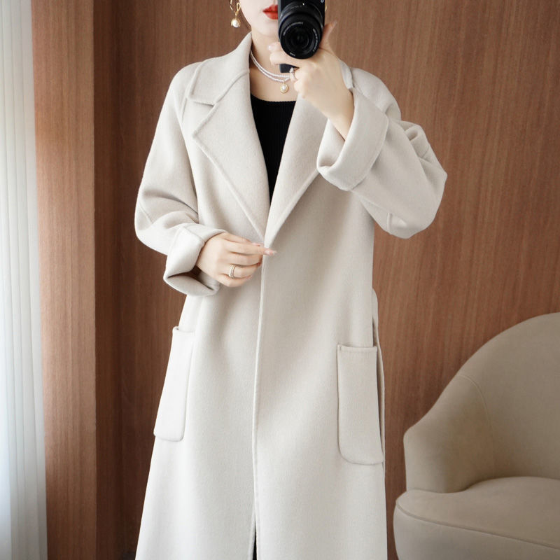 100% 純ウールの両面はカシミヤコートの女性冬の中の長さのゆったりしたファッションが女性のウールを厚くするコートです