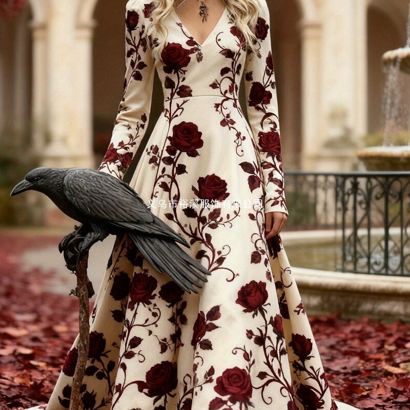 Amazon Cross-Border 2026 Autumn New European and American Women's Clothing Loose Fashion V-Neck Printed Dress Long Sleeves