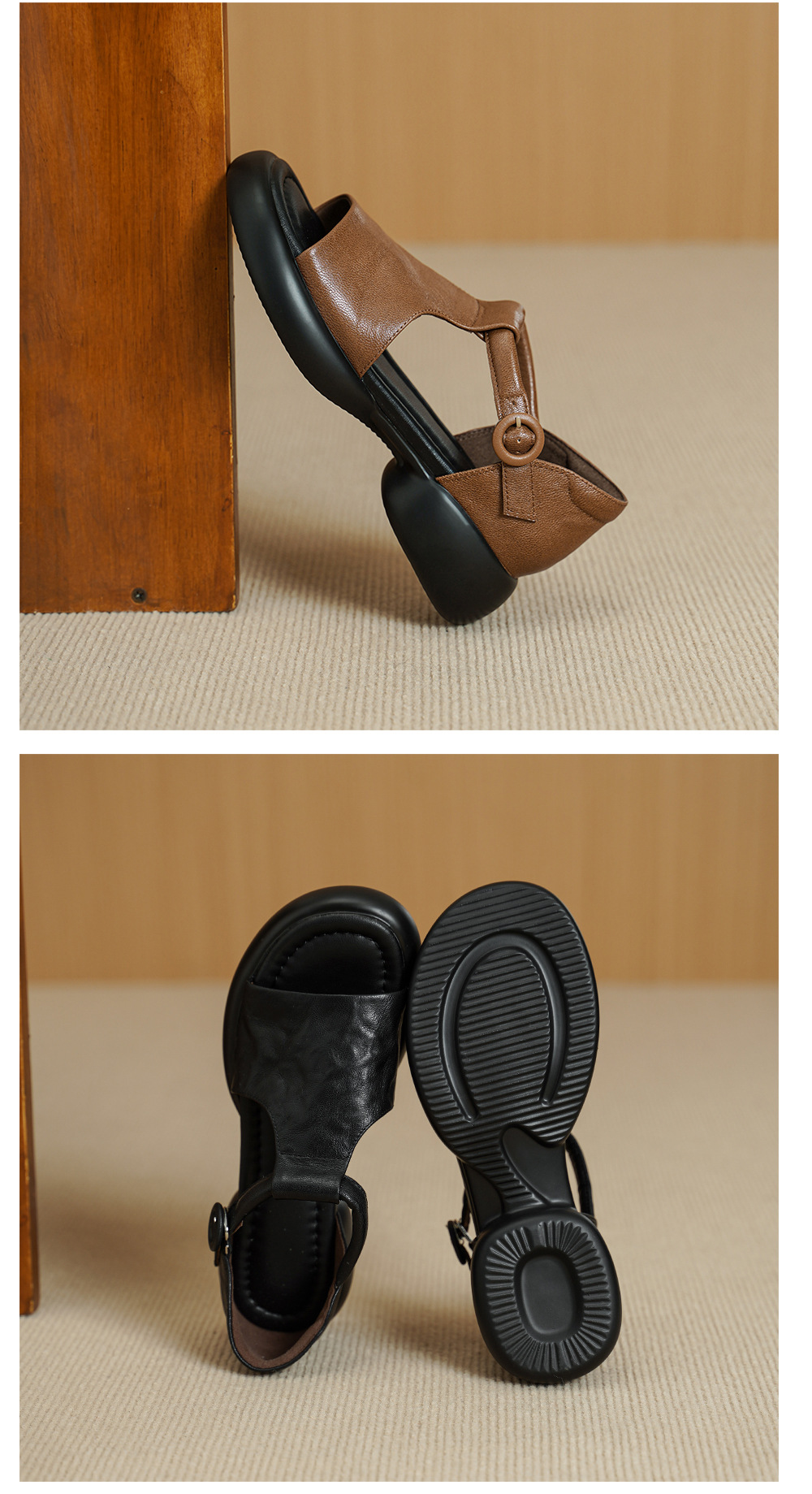 Sandal nữ da cừu mềm đế dày hở mũi, quai chữ T, gót thấp 3 cm, dán ma thuật — Vàng nâu chi tiết 11