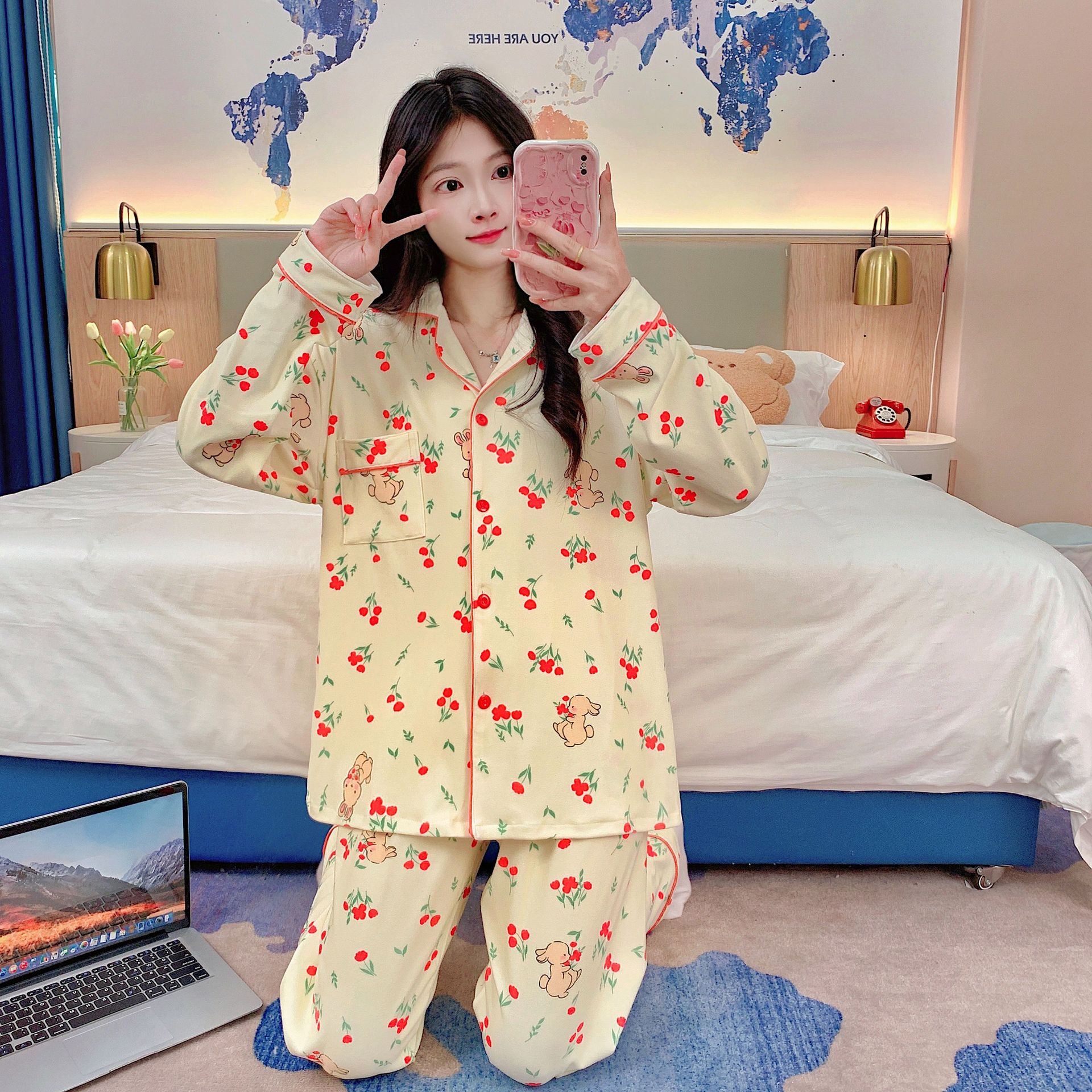 Pijamas al por mayor transfronterizos de mujeres otoño invierno manga larga princesa de dibujos animados de ternilla viento red roja cardigán otoño invierno ropa de hogar se puede usar fuera