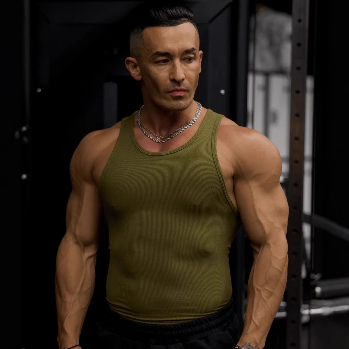 YOUNGLA Knitted Ice Silk Ribbed American Style Vest for Men, Sports Fitness Vest, Running Basketball Training Tight-Fitting Garment