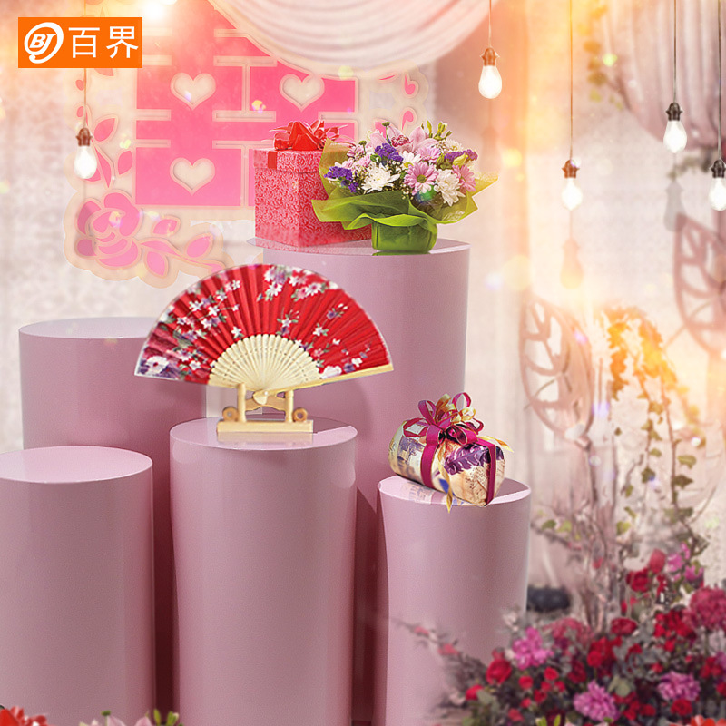 百界新款铁艺婚庆道具粉色圆柱甜品桌圆筒甜品台生日派对蛋糕摆件
