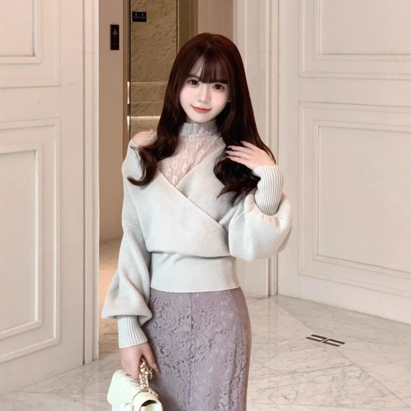 2024 Autumn/Winter New Japanese Style Cross-Border Sweet Solid Color Off-Shoulder Lace Patchwork Knit Sweater 24AB046 2024 Autumn/Winter New Japanese Style Cross-Border Sweet Solid Color Off-Shoulder Lace Patchwork Knit Sweater 24AB046