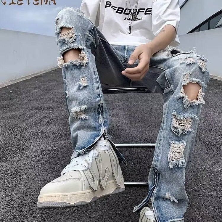 boy Style Vibe Trendy Brand European And American Ins High Street Ripped Jeans Men's Zipper Split Beggar Pants_viptrois.com
