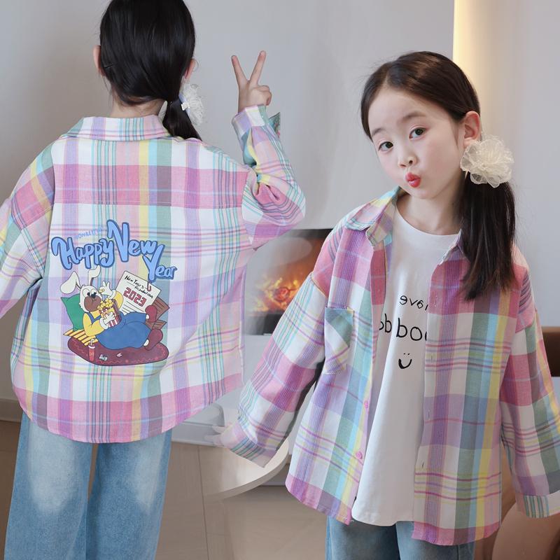 Girls' plaid cartoon shirt, autumn and spring style, fashionable thin little girl's shirt jacket, long sleeves