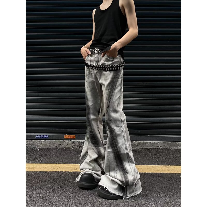 American Retro Gradient Micro-Flare Distressed Jeans for Men with Niche Design and Handsome High Street Slimming Look Long Pants