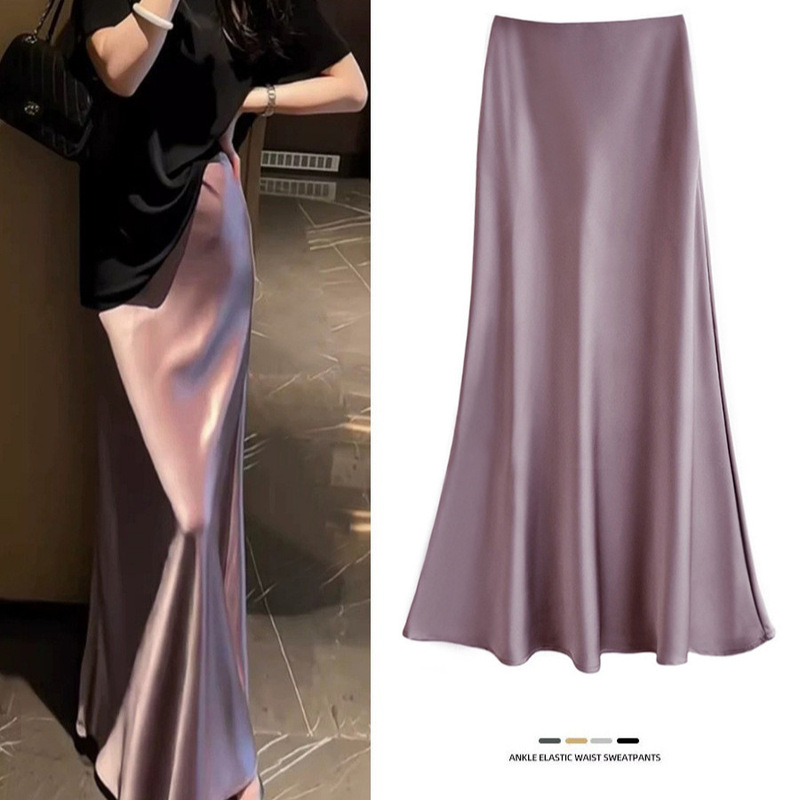 Kayidai High-Waist Slim Mid-Length Satin Acetate Silky Skirt Spring New Hip-Hugging Fishtail A-Line Long Skirt