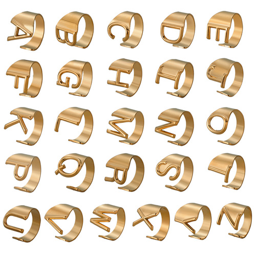 Elegant 26-Letter Steel Chain Ring with Minimalist Design, Stainless Steel Plated Gold, Cold Open Finger Accessory for Wholesale