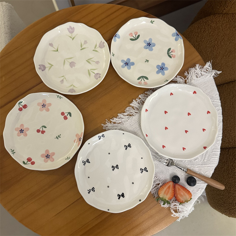Korean Style Ins Style Small Floral Irregular Hand Kneading Ceramic Plate Cake Plate High Beauty Value Dessert Plate