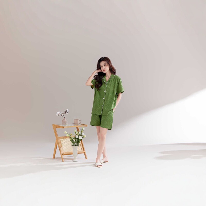 Japanese-Style Muji-Style All-Cotton Double-Layer Gauze Pajama Set, Green Short-Sleeve Shorts Loungewear, Summer Pure Cotton Gauze