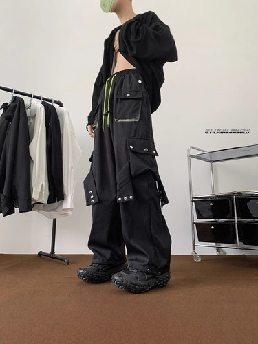 American street work pants for men and women, autumn and winter casual loose color-blocking pocket straight-leg tie-up wide-leg long pants, trendy