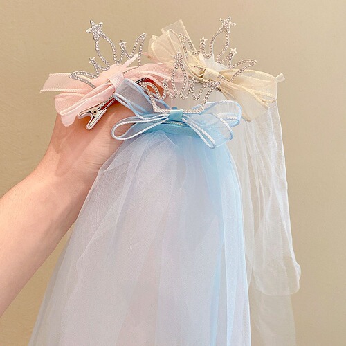 Princess floating gauze crown hairpin children's cute Korean style veil hair accessories girls super fairy three-dimensional bright diamond photo headdress