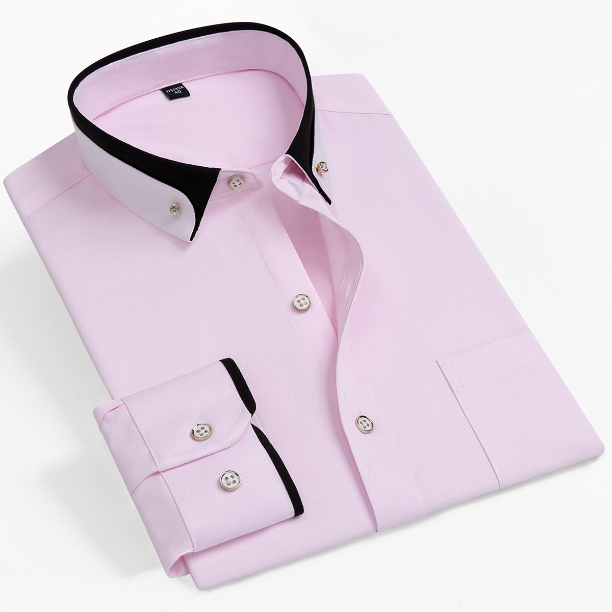 Camisa elástica de manga larga antiarrugas hebilla de diamante contraste color collar hombres de negocios casual Four Seasons camisa de bolsillo para hombre