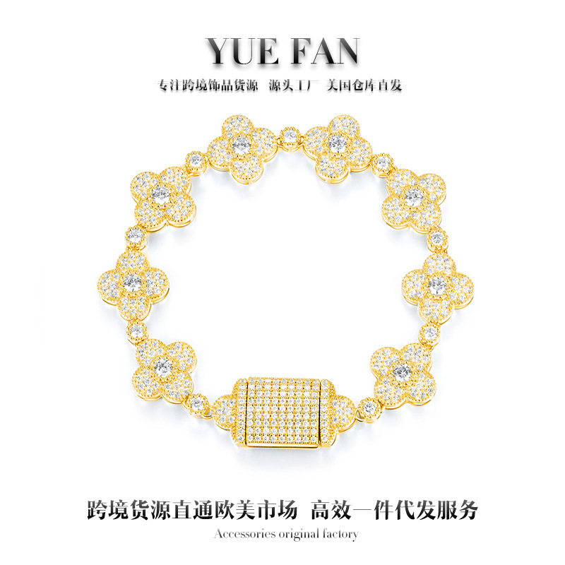 New European and American Style Personalized Hip Hop Four-leaf Clover Silver Chain Full Mosan Bracelet Men's and Women's Trendy Light Luxury Fashion Jewelry New European and American Style Personalized Hip Hop Four-leaf Clover Silver Chain Full Mosan Bracelet Men's and Women's Trendy Light Luxury Fashion Jewelry