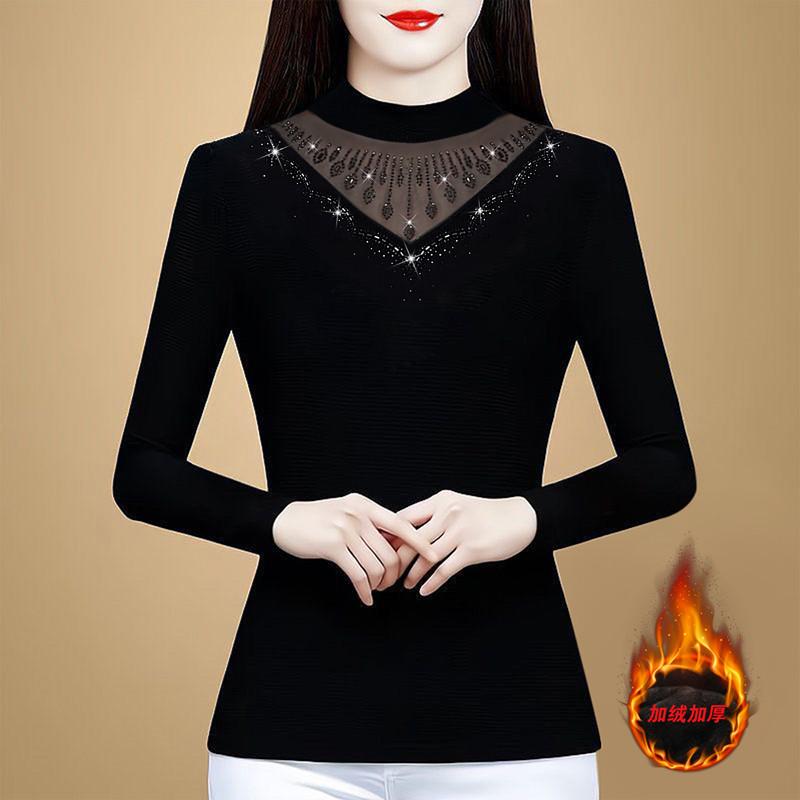 黑色洋气蕾丝加绒加厚打底衫女时尚百搭贵夫人中年妈妈装保暖上衣