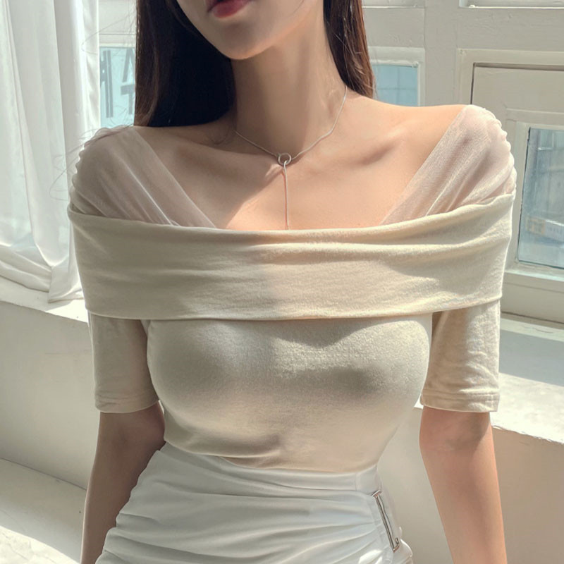 South Korea Dongdaemun Original Design Niche Fashion Composite Cotton T-Shirt Sexy Mesh Shoulder Short-sleeved Shirt for Women