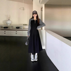 2025年大码胖mm穿搭连衣裙女收腰显瘦长袖秋季遮肚a字卫衣裙长款