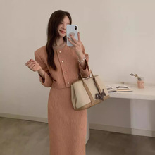 25年秋季新韩国东大门女装薄款香风珍珠扣外套长款半裙套装XL-721