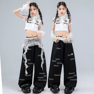 爵士舞女童服装黑白网纱露脐套装儿童走秀街舞潮服jazz表演服女孩