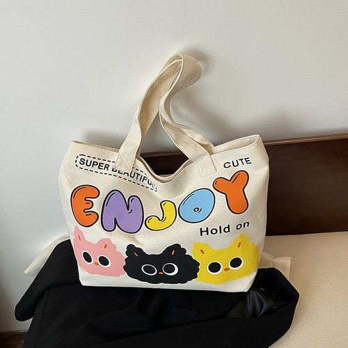 可爱卡通帆布单肩包包女字母印花托特包大容量通勤手提女包学生包