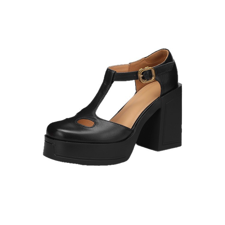 Sandal nữ đế xuồng platform gót vuông phong cách vintage khóa kim loại — màu nâu, màu đen