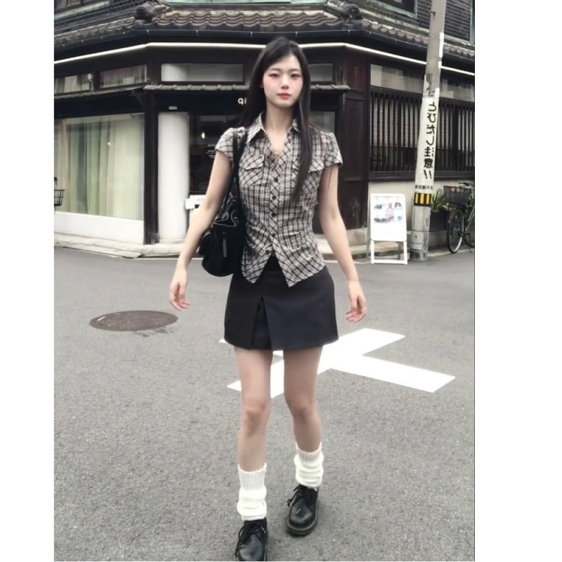 跨境美式复古格子短袖衬衫女2025年新款女装秋季爆款衬衣显瘦辣妹|undefined