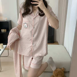浅粉色Mikko云朵棉色织格三件套女睡衣