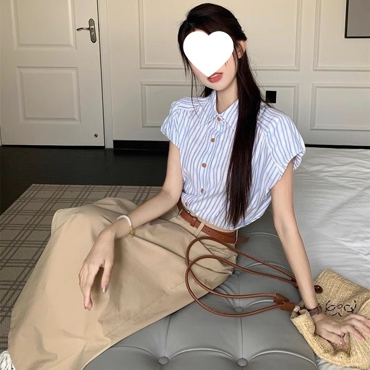 条纹领2025新款学院袖衬衫套装夏季女高腰开叉显瘦半身长裙|undefined