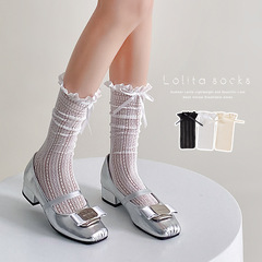 Lolita Socks Lace Edge Calf Socks for Women Spring Summer Butterfly Knot Mid Calf Teenage Pile Socks JK Style Ballet Socks