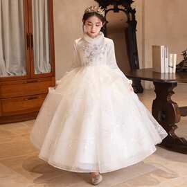 儿童加绒礼服公主裙生日宴会女童拜年服加厚花童婚礼小女孩蓬蓬纱