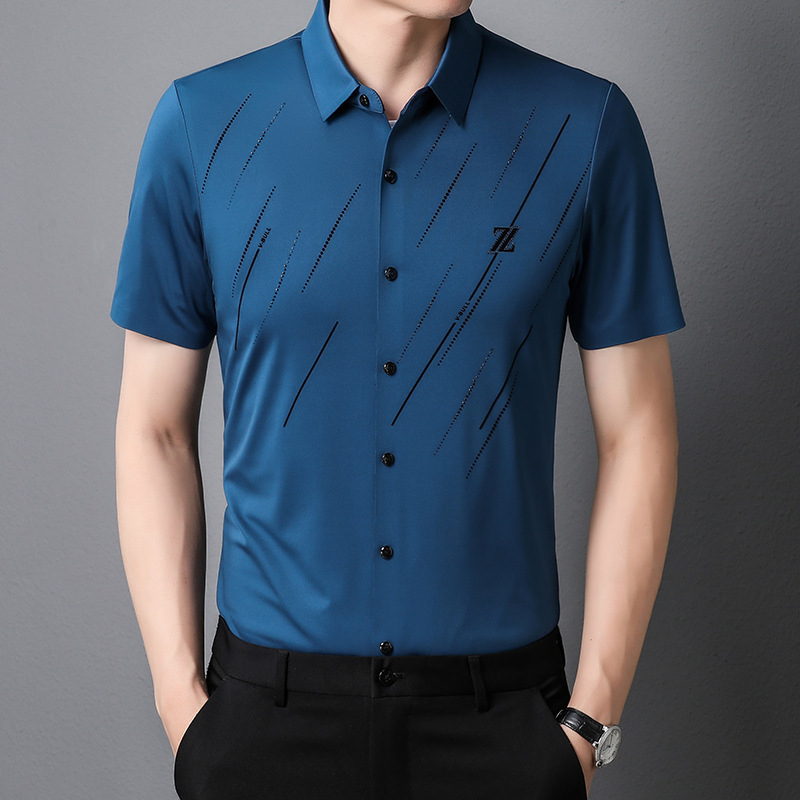 Ice Silk shirt men's short-sleeved middle-aged business casual striped men's non-ironing shirt dad formal wear village shirt