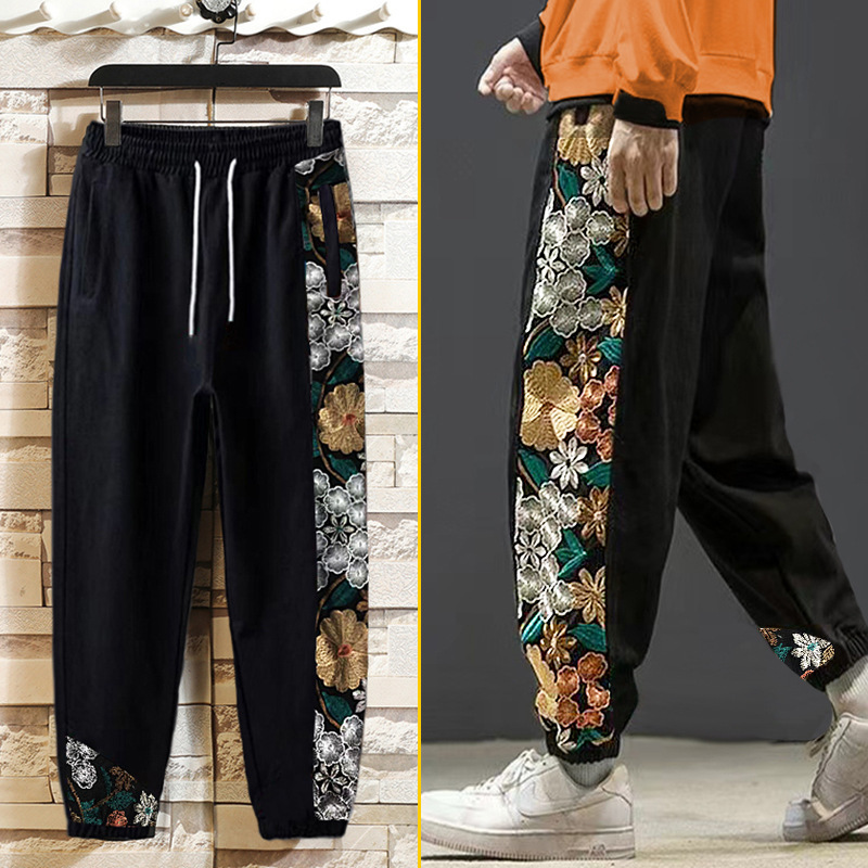Dropshipping Spring and Autumn Plus-Size Casual Loose Fit Floral Embroidered Trendy Sweatpants for Big Guys 10XL