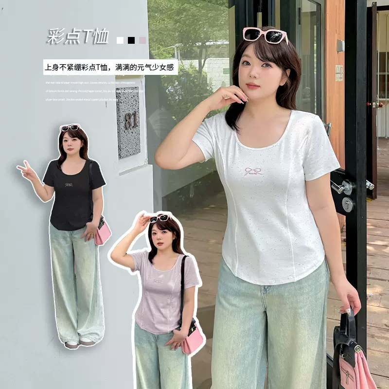 减龄彩点小刺绣短袖T恤夏季新款大码女装套头百搭上衣252441