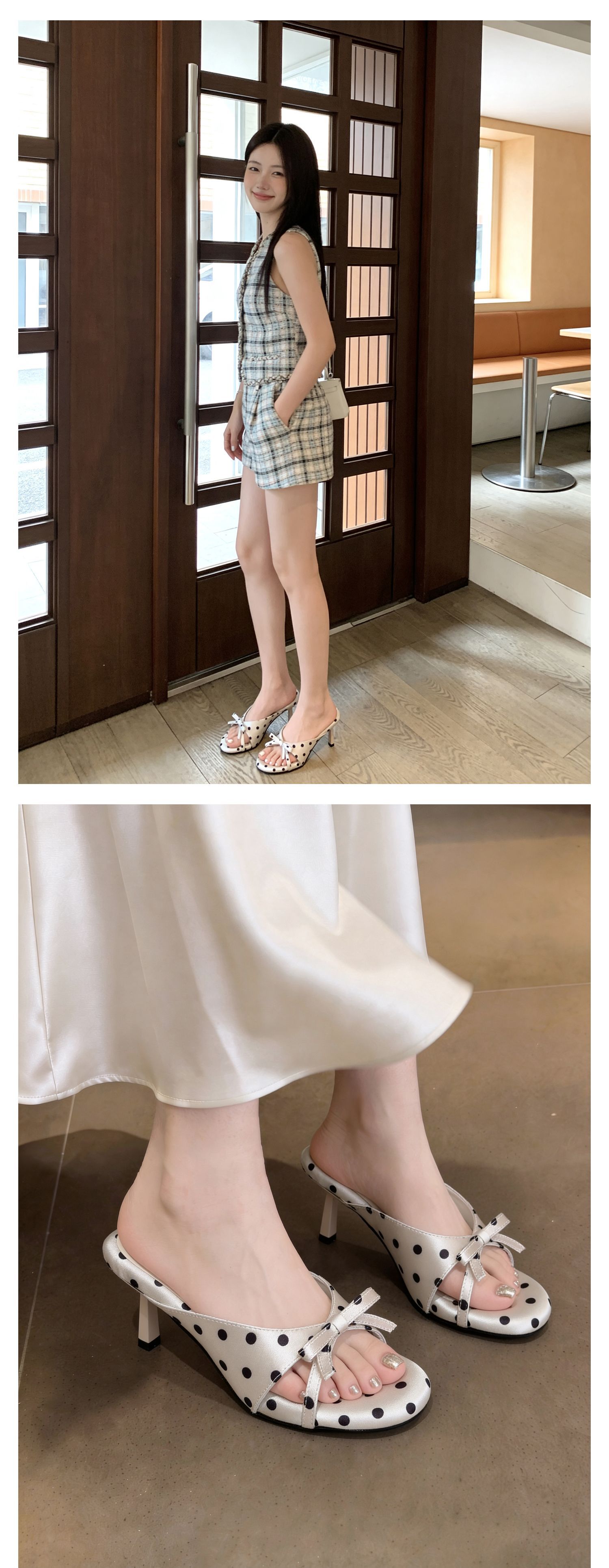 Sandal cao gót nữ hở mũi phong cách Pháp, chất liệu satin họa tiết chấm bi/chấm sóng, gót nhọn 9 cm — Điểm sóng đen, Trang chủ, Điểm sóng trắng chi tiết 19