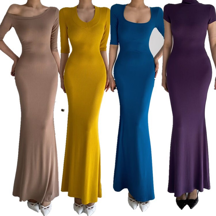 Slim-Fitting Dress with Mid-Sleeves That Accentuates the Figure, Women's Spring and Autumn Bodycon Dress, Asymmetrical V-Neck A-Line Hip-Hugging Long Dress