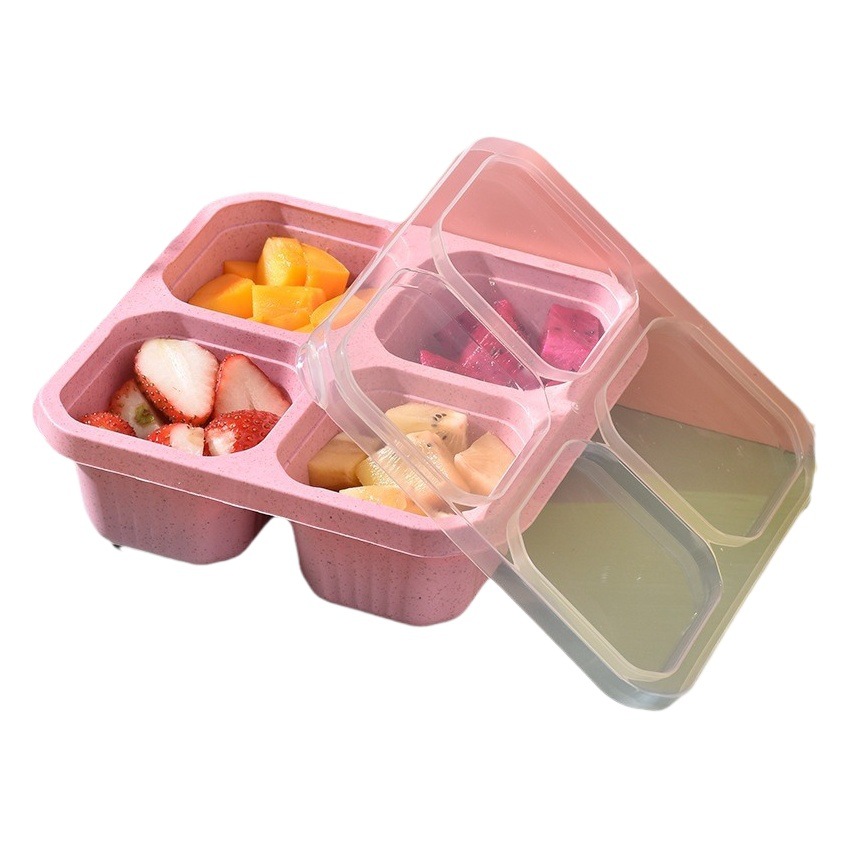 Compartimento de dulces no sesgada caja de almuerzo de cuatro rejillas snack tuerca con tapa plato de paja de trigo caja de almuerzo con LOGO
