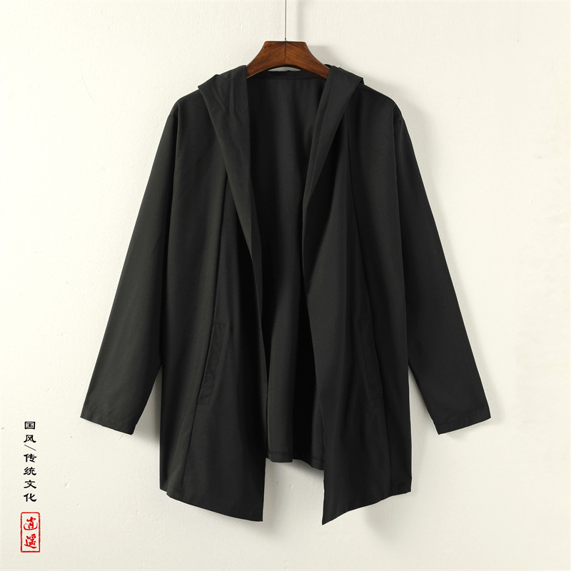 Thin Hooded Cloak Yoga Meditation Cloak Chinese Style Tea Suit Men's Retro Robe Hanfu Solid Color Coat Jacket