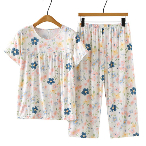 Middle-aged and elderly women's cotton silk pajama sets, artificial cotton mom's short-sleeved capri pants, cotton silk homewear for summer