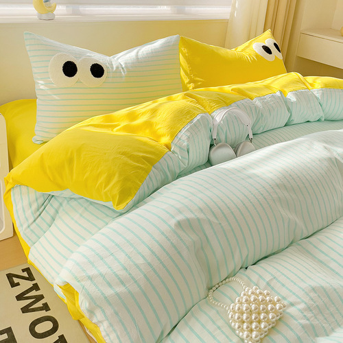 Small fresh cream style striped simple embroidery big eyes four-piece bed sheet quilt cover bed sheet dormitory three-piece set wholesale