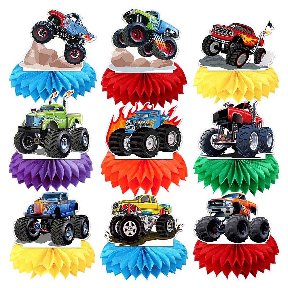 Decoración de fiesta de cumpleaños de Amazon banner de vehículo todoterreno bandera de tracción camión monstruo decoración de cumpleaños colgante en espiral