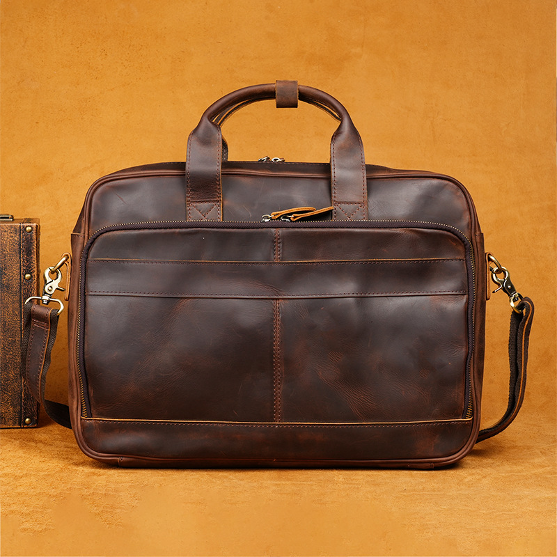 Crazy Horse Leather Handbag Business Briefcase Men's Shoulder Messenger Bag Genuine Leather Bag Computer Bag Cross-Border Hot Style Simple