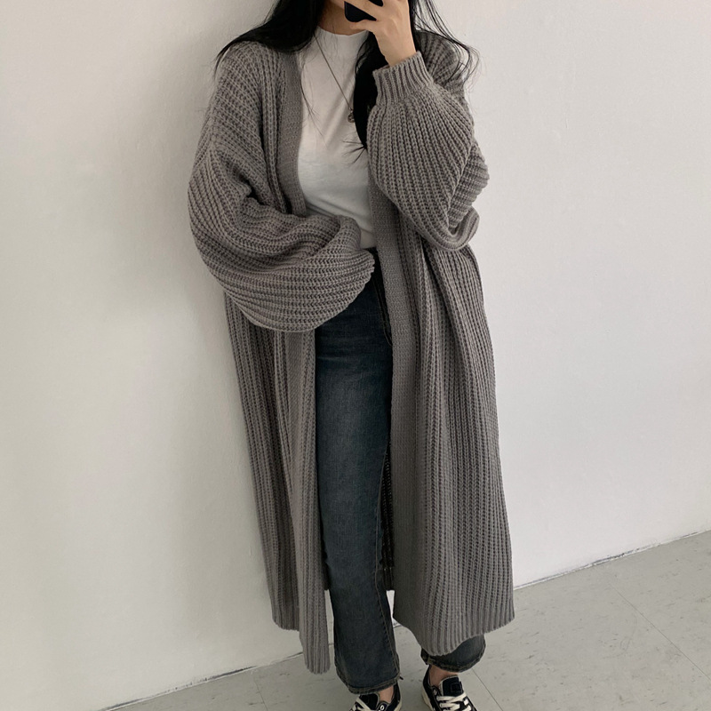 Estilo coreano estilo perezoso pit suéter largo abrigo de las mujeres otoño e invierno nuevo color sólido suelta linterna manga punto cardigan moda
