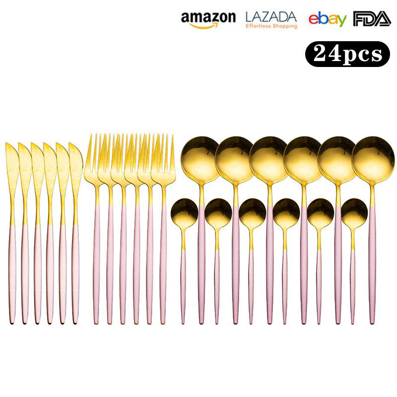 Transfronterizo de Amazon 24 piezas de acero inoxidable traje de vajilla Portugués Occidental cuchillo de carne, tenedor y cuchara de titanio chapado en oro cuchara