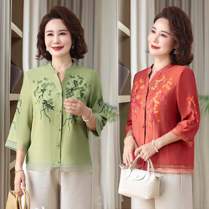 真絲風(fēng)上衣女新中式民族風(fēng)夏季薄款洋氣中老年盤(pán)扣印花套頭襯衫，女裝T恤，妃慕昵服飾