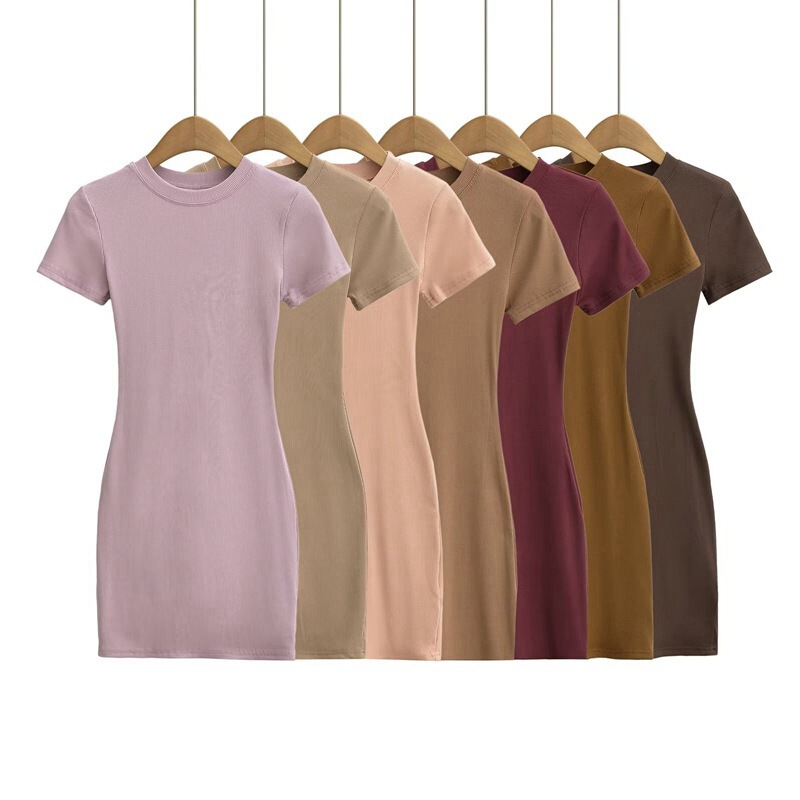 Kardashian Round Neck Short-Sleeved Dress for Women 2026 Summer New American Style Hot Girl Pure Color Slim Fit Elastic Hip Skirt