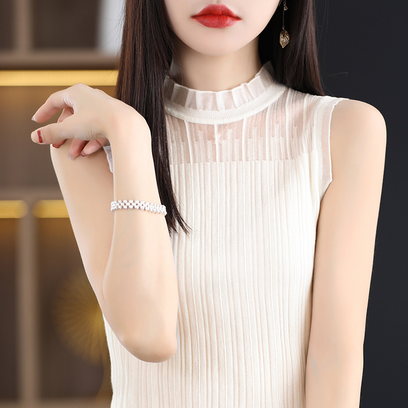 French-Style Sleeveless Camisole for Women, Half-High Collar, White Top for Layering under a Suit, Lace Wool Sweater, Knitted Base Layer French-Style Sleeveless Camisole for Women, Half-High Collar, White Top for Layering under a Suit, Lace Wool Sweater, Knitted Base Layer