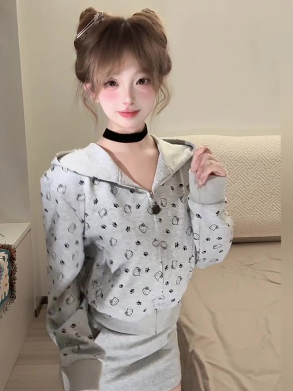 2025甜美毛绒耳朵连帽卫衣女INS秋冬新款可爱满印Kitty开衫外套潮|undefined