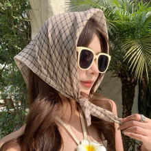 2025新款棉麻格纹发带丝巾小方巾女春秋护颈围巾职业西装领巾头巾