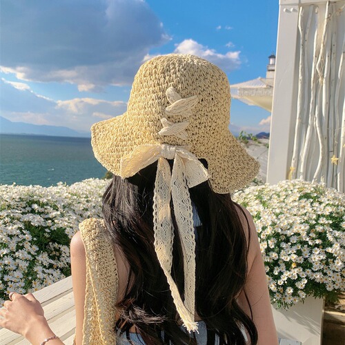 Straw Hat with Lace Butterfly Knot Lattice Handmade Crochet Summer Sunshade Sun Hat Fashion Bucket Hat