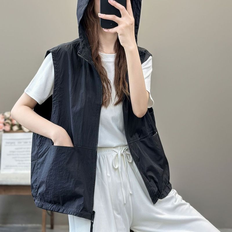 春夏轻薄运动休闲单面外搭连帽马甲时尚百搭无袖背心坎肩女潮外套|undefined